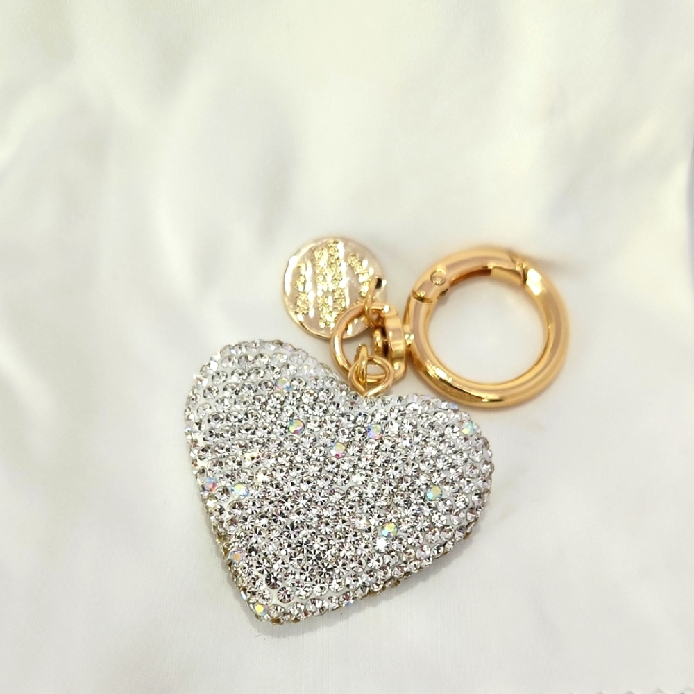 Sparkling Silver-tone, Heart Bag Charm/Keychain with Gold Accents